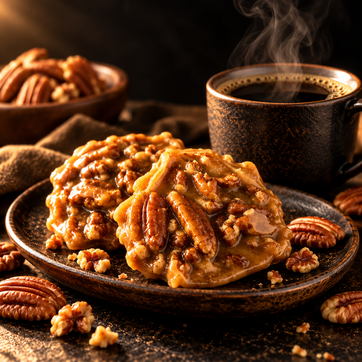 38 Pecans chewy Texas pecan pralines with glossy caramel and pecan halves, served on a rustic dark plate beside a steaming cup of black coffee.