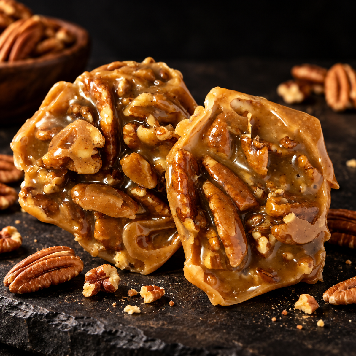 38 Pecans chewy Texas pecan pralines with glossy caramel coating and whole pecan pieces, photographed on dark slate with warm backlighting.