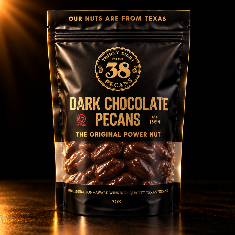 38 Pecans Dark Chocolate Pecans in a black and gold 7 oz resealable pouch, with rich dark chocolate-covered Texas pecans visible through the clear window.