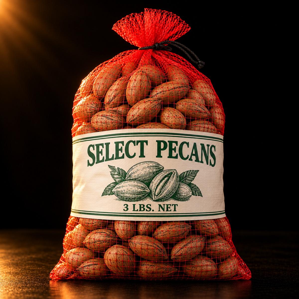 38 Pecans fresh Texas in-shell pecans in a red mesh 3 lb bag with Select Pecans labeling, photographed against a black background with warm gold lighting.