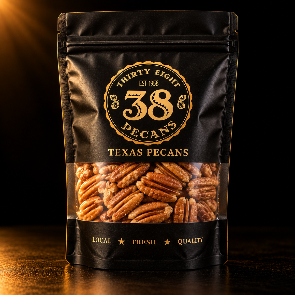 38 Pecans fresh Texas pecan halves in a matte black and gold resealable pouch, with whole, raw, unsalted pecans visible through a clear window.