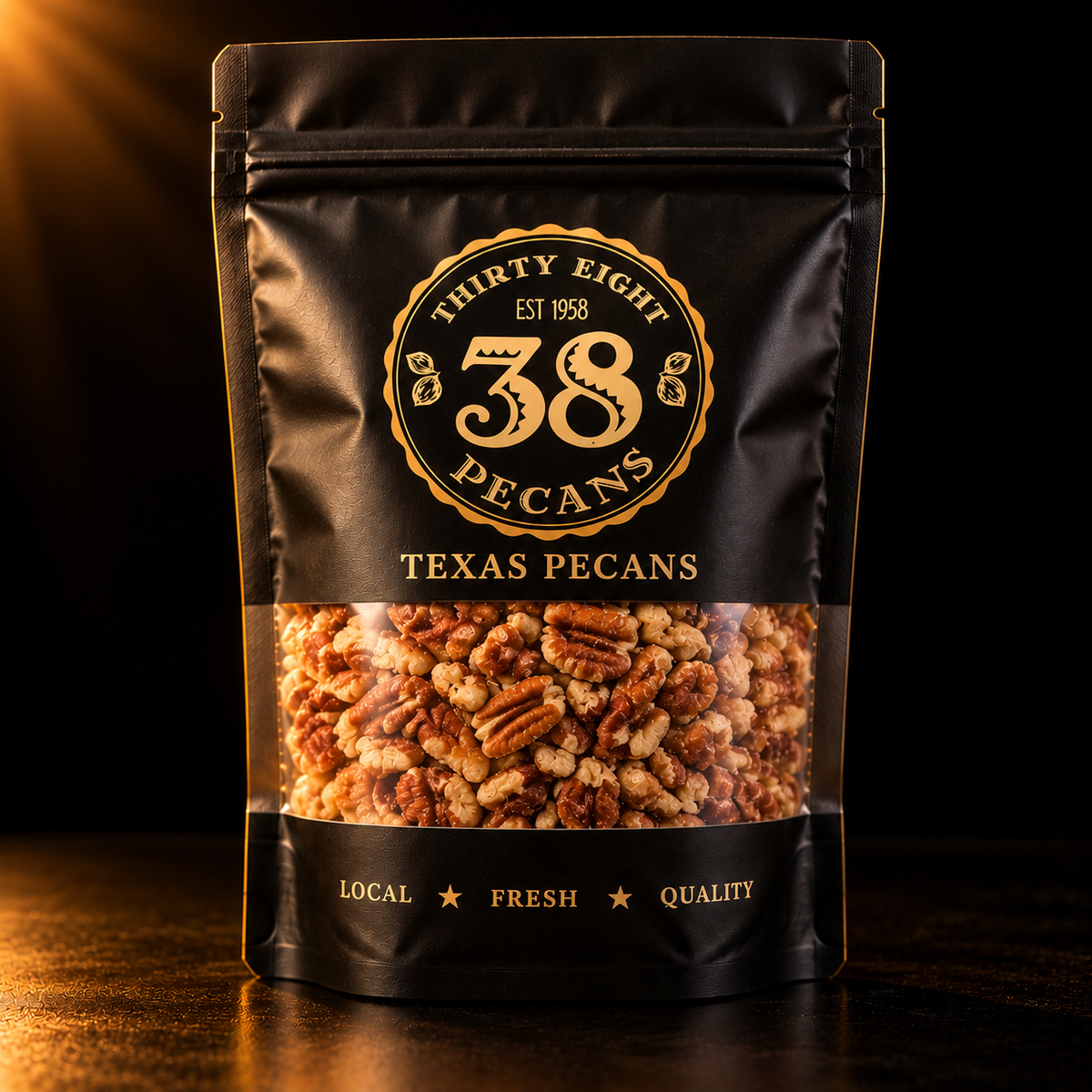 38 Pecans fresh Texas pecan pieces in a matte black and gold resealable pouch, with raw, unsalted chopped pecans visible through a clear window.