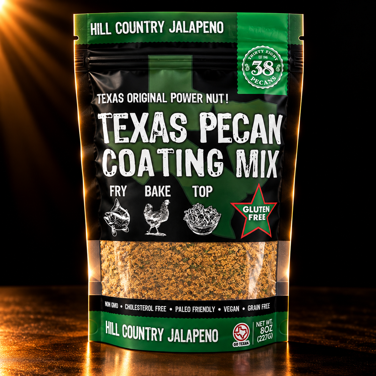 38 Pecans Hill Country Jalapeño Coating Mix in its original black and green 8 oz pouch, showing gluten-free pecan breading against a dark background.