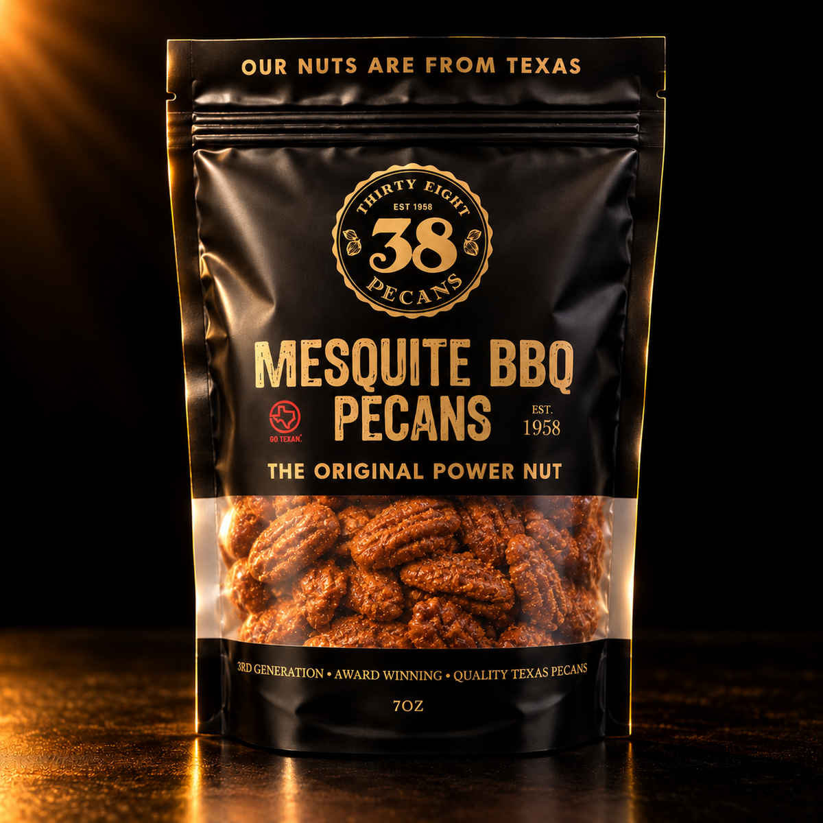 38 Pecans Mesquite BBQ Pecans in a black and gold 7 oz resealable pouch, with smoky, savory seasoned Texas pecans visible through the clear window.