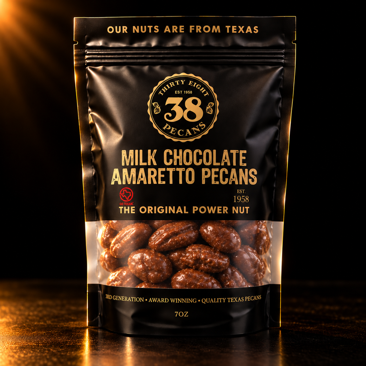 38 Pecans Milk Chocolate Amaretto Pecans in a black and gold 7 oz resealable pouch, with amaretto-flavored milk chocolate-covered Texas pecans visible through the clear window.