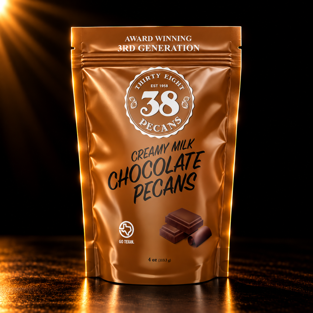 38 Pecans Milk Chocolate Pecans in the brown 4 oz resealable pouch, photographed against a black background with warm gold lighting.