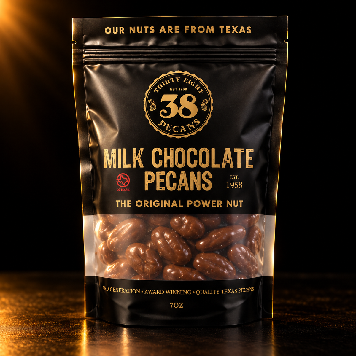 38 Pecans Milk Chocolate Pecans in a black and gold 7 oz resealable pouch, with chocolate-covered Texas pecans visible through the clear window.