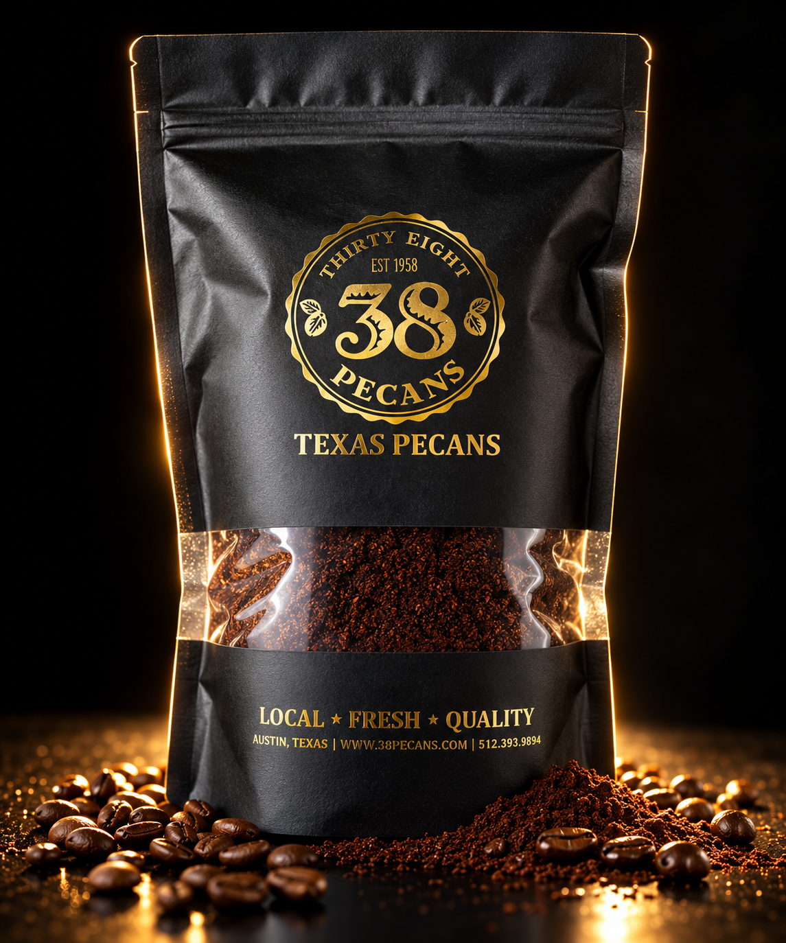 38 Pecans Texas Pecan Coffee ground blend in a black and gold resealable bag, with fresh coffee grounds and roasted beans against a dramatic black background.