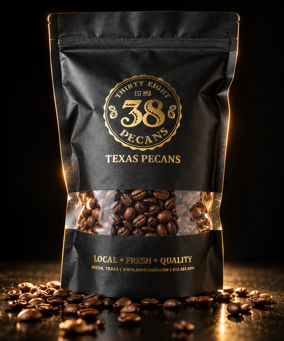 38 Pecans Texas Pecan Coffee whole bean blend in a black and gold resealable bag, backlit against a dark background with roasted coffee beans.